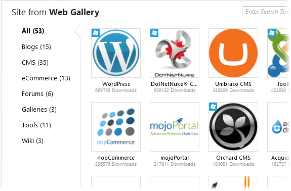 WebMatrix application gallery